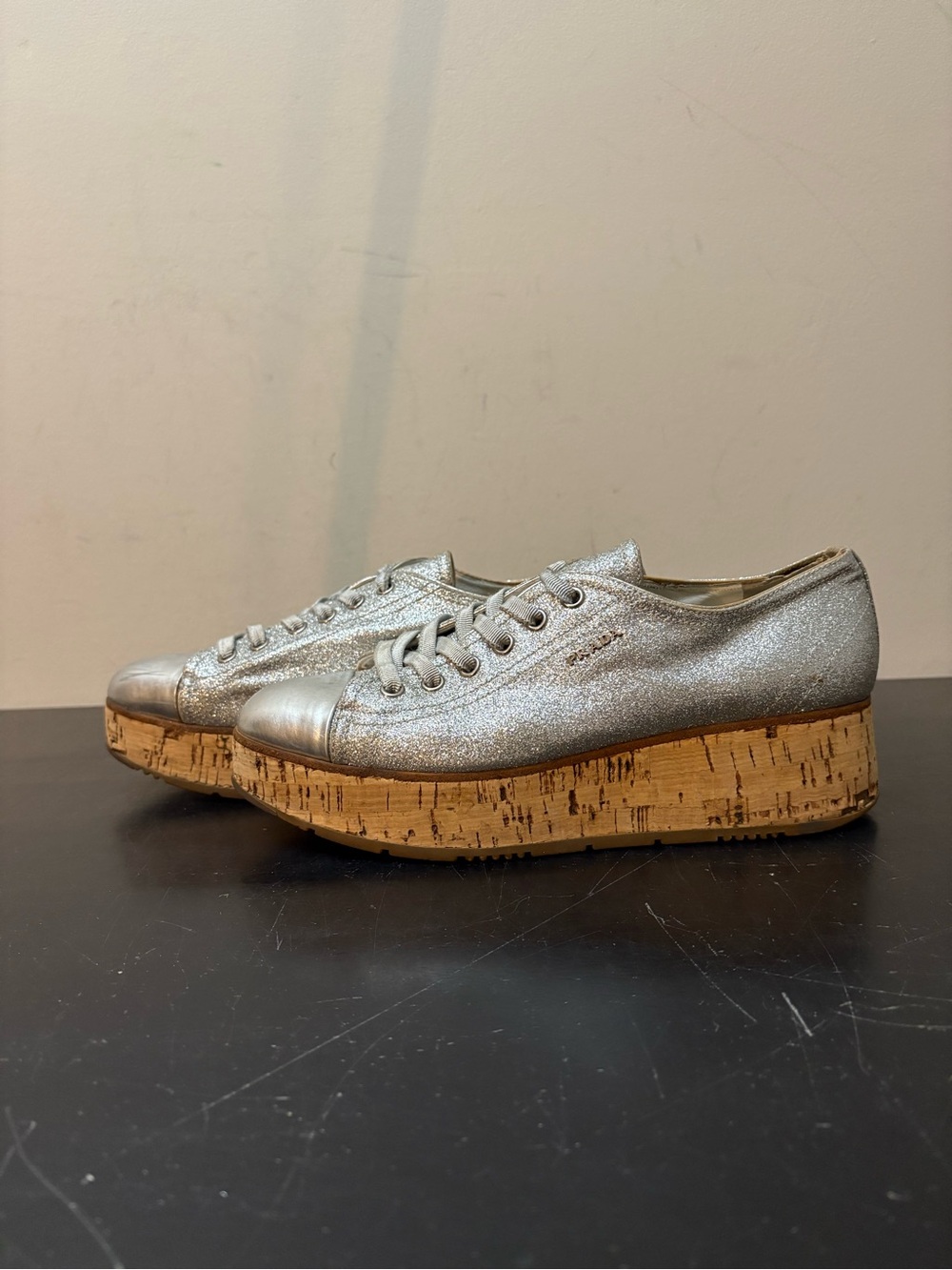 Prada Sport Cork Sole Glitter Sneakers Silver